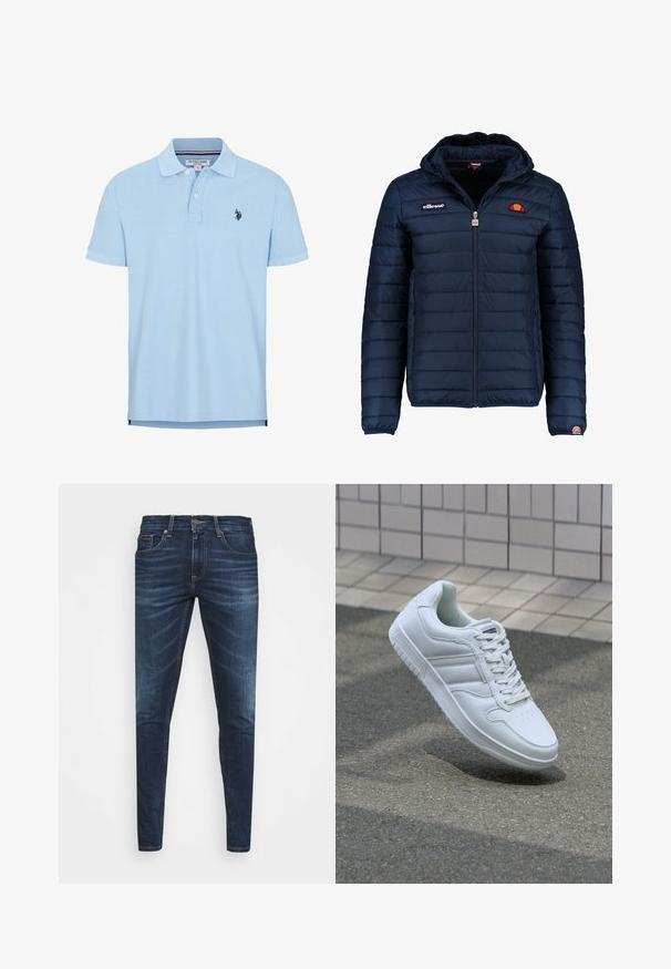 Marineblå puffjakke med hette, glidelås, kanalsøm og logoaksenter på brystet og ermet. Mykt, teksturert stoff.; Lys blå kortermet polo skjorte laget av myk bomull. Har en tre-knapps placket, krage, og brodert logo på brystet.; Mørkeblå denimjeans med smal passform, subtil falming, fem lommer og metallknaplukking. Sømmer i kontrastfarge.; Hvit atletisk sneaker med glatt skinnoverside, snøring foran, perforert tå og mønstrets såle. Minimalistisk design med tre side-striper.