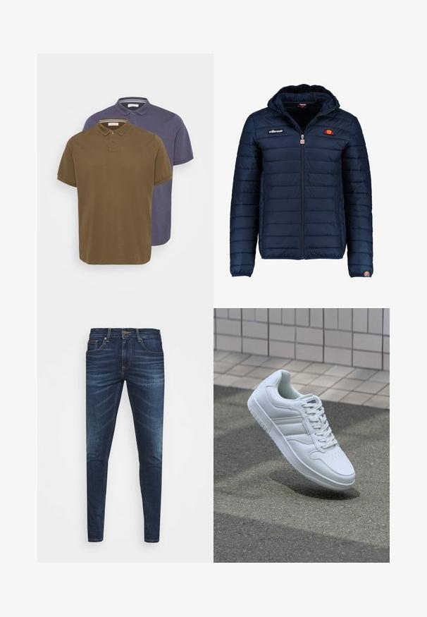 Tums zilā puffer jaka ar kapuci, rāvējslēdzēja aizdare, kanālu šuvēm un logotipa akcentiem uz krūtīm un piedurknēm. Mīksta, teksturēta auduma.; Divi polo krekli olīvzaļā un tumši zilā krāsā. Īsās piedurknes, klasiskā apkakle, ar trīs pogām. Gluda kokvilnas auduma.; Tumši zili džinsi ar šauru piegriezumu, ar vieglu izbalēšanu, piecām kabatām un metalizētu pogu aizdari. Šuvju akcenti kontrastējošā krāsā.; Balti sporta apavi ar gludu ādas virsu, sasienamais priekšpuse, perforēts purngals un rakstaina zole. Minimālisma dizains ar trim sānu svītrām.