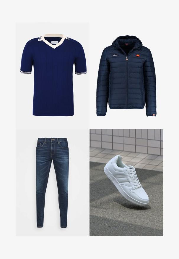 Námořnická modrá péřová bunda s kapucí, zipovým zapínáním, prošívaným vzorem a logem na hrudi a rukávu. Měkká, texturovaná látka.; Námořnické modré pletené ragbyové tričko s výstřihem do V a krátkými rukávy. Má bílý límec a pruhové akcenty na rukávech, s vertikálním žebrováním.; Tmavě modré džíny z denimu s úzkým střihem, jemným vyblednutím, pěti kapsami a kovovým zapínáním na knoflík. Šité akcenty v kontrastní barvě.; Bílé sportovní tenisky s hladkým koženým svrškem, šněrovacím předním dílem, perforovanou špičkou a vzorovanou podrážkou. Minimalistický design se třemi bočními pruhy.