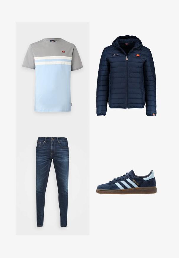 Marineblå puffjakke med hette, glidelås, kanalsøm og logoaksenter på brystet og ermet. Mykt, teksturert stoff.; Kortermet t-skjorte i grå og lys blå, med horisontale hvite striper og en liten logo på brystet. Laget av bomull, med et uformelt design.; Mørkeblå denimjeans med smal passform, subtil falming, fem lommer og metallknaplukking. Sømmer i kontrastfarge.; Mørkeblå semsket Adidas-sneakers med lyseblå striper, gummisåle, lyseblå hælklaff og gull "Spezial"-merke på siden.