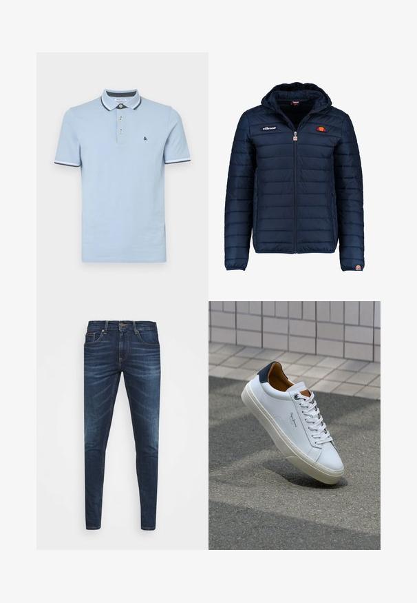 Dunkelblaue Daunenjacke mit Kapuze, Reißverschluss, Kastensteppnähten und Logo-Akzenten auf der Brust und dem Ärmel. Weicher, strukturierter Stoff.; Hellblaues Poloshirt aus Baumwolle mit einer Dreiknopf-Leiste, kontrastierendem Kragen und gerippten Bündchen mit dunkelblauen Akzenten.; Dunkelblaue Jeans im Slim Fit mit subtiler Verwaschung, fünf Taschen und einem Metallknopfverschluss. Genähte Akzente in kontrastierender Farbe.; Weiße Ledersneaker mit navyfarbenem Fersenbereich, runder Zehenpartie und kontrastierenden braunen Akzenten. Verfügt über flache Schnürsenkel und eine strukturierte Gummisohle.