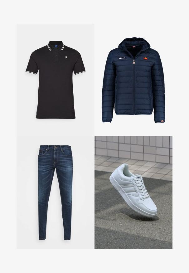 Temno modra napihnjena jakna s kapuco, z zadrgo, kanalnim šivom in logotipom na prsih in rokavu. Mehka, teksturirana tkanina.; Črna polo majica iz bombaža z belimi črtami na ovratniku in rokavih; ima majhen logotip na prsih.; Temno modri kavbojke ozkega kroja, s subtilnim bledenjem, petimi žepi in kovinskim zapiranjem na gumb. Oštrikanje z akcenti v kontrastni barvi.; Bela atletska teniska obutev z gladkim usnjenim zgornjim delom, vezanjem spredaj, perforiranim prstom in vzorčastim podplatom. Minimalistična zasnova s tremi stranskimi črtami.