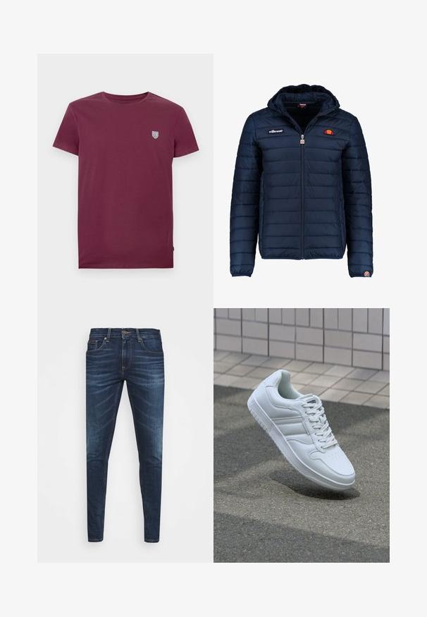 Tamsiai mėlynas pūkinis švarkas su gobtuvu, užtrauktuku, kanalų siuvimu ir logotipo akcentais krūtinėje bei rankovėje. Minkšta, tekstūruota medžiaga.; Bordo medvilnės marškinėliai su apvaliu iškirpimu ir trumpomis rankovėmis. Turėti mažą skydo logotipą viršutinėje kairėje krūtinės pusėje. Lygus paviršius.; Tamsiai mėlynos džinsinės kelnės su liesu siluetu, subtiliu nusidėvėjimu, penkiomis kišenėmis ir metaliniu mygtuku užsegimui. Įsiūtos akcentai kontrastinga spalva.; Baltos sportinės kedai su lygaus odos viršumi, raišteliais priekyje, perforuotu kojų pirštu ir raštuotu padu. Minimalistinis dizainas su trimis šoninėmis juostelėmis.