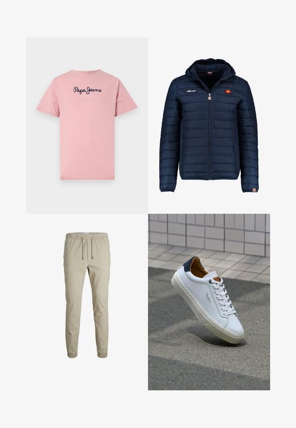 Tums zilā puffer jaka ar kapuci, rāvējslēdzēja aizdare, kanālu šuvēm un logotipa akcentiem uz krūtīm un piedurknēm. Mīksta, teksturēta auduma.; Rozā kokvilnas T-krekls ar īsām piedurknēm, kuram uz krūtīm ir zils kursīvs teksts "Pepe Jeans LONDON". Vienkāršs apaļš kakla izgriezums.; Bēša krāsas sašaurināti jogger bikses ar elastīgu jostu, aukliņu un potīšu aprocēm, izgatavotas no mīksta auduma. Iezīmējas ar gludu tekstūru un minimālistisku dizainu.; Baltas ādas čības ar tumši zilu papēdi, apaļu purngalu un kontrastējošām brūnām detaļām. Aprīkotas ar plakanu auklu un struktūrētu gumijas zoli.