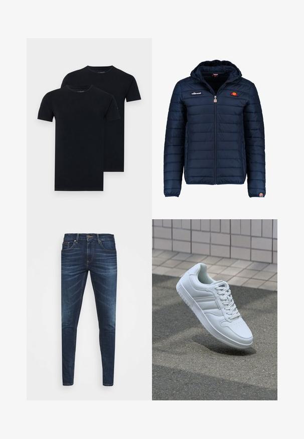 Námořnická modrá péřová bunda s kapucí, zipovým zapínáním, prošívaným vzorem a logem na hrudi a rukávu. Měkká, texturovaná látka.; Dvě černé trička naskládaná na sobě, s klasickým kulatým výstřihem a krátkými rukávy, vyrobená z hladké, lehké tkaniny.; Tmavě modré džíny z denimu s úzkým střihem, jemným vyblednutím, pěti kapsami a kovovým zapínáním na knoflík. Šité akcenty v kontrastní barvě.; Bílé sportovní tenisky s hladkým koženým svrškem, šněrovacím předním dílem, perforovanou špičkou a vzorovanou podrážkou. Minimalistický design se třemi bočními pruhy.