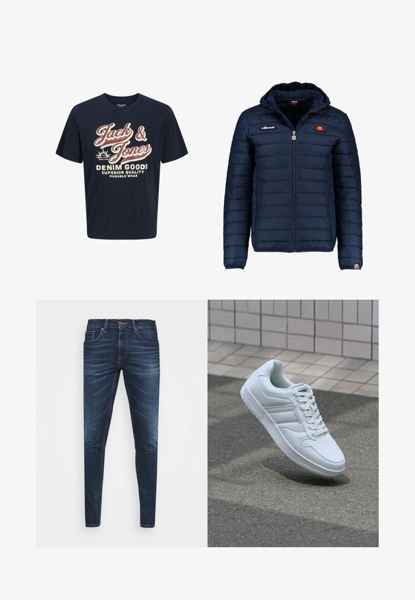 Tumedat sinised puffer jakk kapuutsiga, lukuga suletav, kanalite õmblustega ning logo aktsentidega rinnal ja varrukal. Pehme, tekstuuriga kangas.; Tumed sinine puuvillane T-särk ümmarguse kaelusega. Esiküljel on julged valged ja punased kirjutised: "Jack & Jones", "DENIM GOODS" ning täiendavad fraasid.; Tumedat sinised teksad kitsas lõikes, kerge kulumisega, viie taskuga ja metallnööbiga sulgemine. Õmmeldud aktsendid kontrastsetes värvides.; Valge spordijalanõud silederja nahkvarrega, ninast paeltega, perforatsiooni tõttu ventilatsiooniga ning mustrilise tallaga. Minimalistlik disain, millel on kolm külgmist triipu.