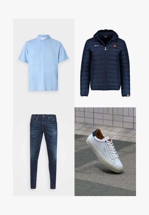 Tengerészkék puffos dzseki kapucnival, cipzáras záródással, csatorna varrással, és logóval díszített mellkassal és ujjakkal. Puha, texturált anyag.; Világoskék pólóing, pamutból készült, klasszikus gallérral, rövid ujjakkal, és diszkrét logóval a mellkason. Simább textúrával.; Sötétkék farmernadrág, testhezálló fazonnal, finom áttűnéssel, öt zsebbel és fémből készült gombzárral. Kontrasztos színű varrási díszítések.; Fehér bőr sneaker sötétkék sarkúval, kerek orral és kontrasztos barna részletekkel. Lapított fűzőkkel és textúrált gumitalppal rendelkezik.