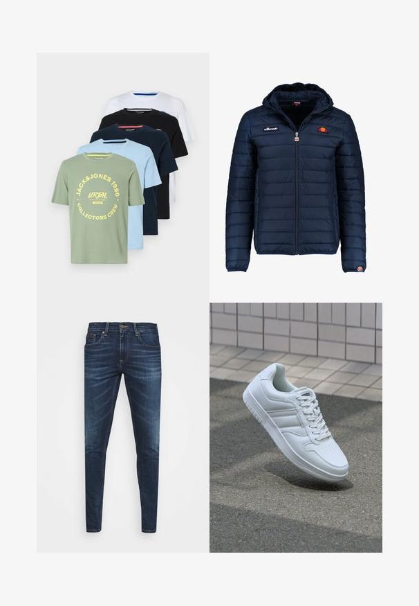 Námořnická modrá péřová bunda s kapucí, zipovým zapínáním, prošívaným vzorem a logem na hrudi a rukávu. Měkká, texturovaná látka.; Pět triček vystavených v řadě: olivově zelené, světle modré, námořnické, černé a bílé. Každé má kulatý výstřih a různé loga.; Tmavě modré džíny z denimu s úzkým střihem, jemným vyblednutím, pěti kapsami a kovovým zapínáním na knoflík. Šité akcenty v kontrastní barvě.; Bílé sportovní tenisky s hladkým koženým svrškem, šněrovacím předním dílem, perforovanou špičkou a vzorovanou podrážkou. Minimalistický design se třemi bočními pruhy.