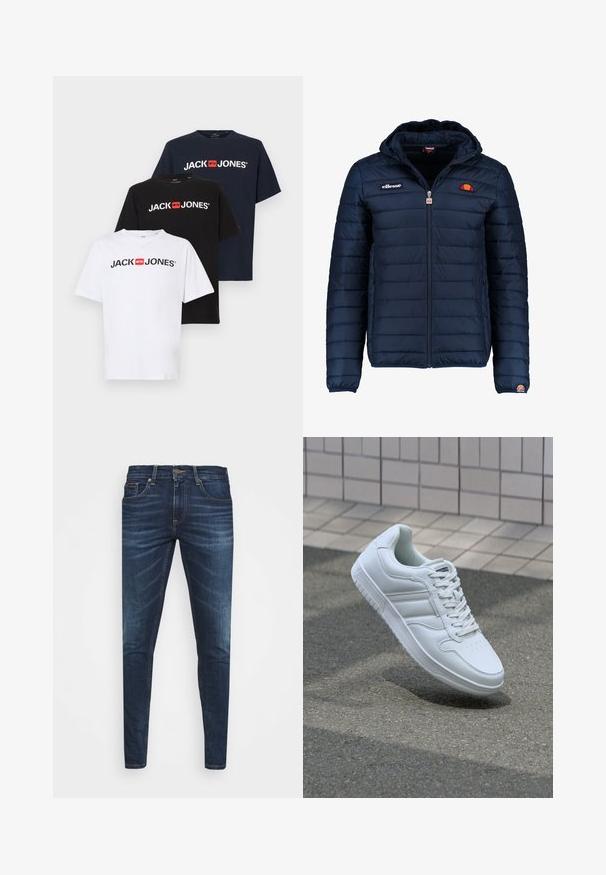Casaco puffer azul marinho com capuz, fecho de correr, costura em canais e detalhes do logo no peito e na manga. Tecido macio e texturizado.; Três t-shirts de manga curta em branco, preto e azul-marinho com o logótipo "JACK & JONES" em vermelho na frente. Feitas de algodão com um acabamento suave.; Jeans de ganga azul escura com um corte slim, desbotamento suave, cinco bolsos e fecho com botão de metal. Detalhes costurados em cor contrastante.; Sapatilha desportiva branca com parte superior em couro liso, frente com atacadores, bico perfurado e sola padronizada. Design minimalista com três riscas laterais.