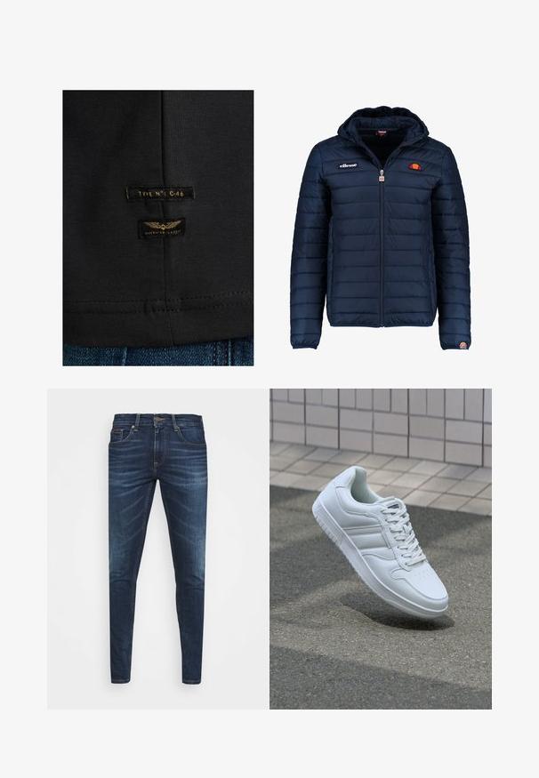 Námořnická modrá péřová bunda s kapucí, zipovým zapínáním, prošívaným vzorem a logem na hrudi a rukávu. Měkká, texturovaná látka.; Černé bavlněné tričko s dvěma štítky: "TYPE N°: C-46" a "AMERICAN CLASSIC," se zlatým textem a grafikou křídla. Prošitý lem.; Tmavě modré džíny z denimu s úzkým střihem, jemným vyblednutím, pěti kapsami a kovovým zapínáním na knoflík. Šité akcenty v kontrastní barvě.; Bílé sportovní tenisky s hladkým koženým svrškem, šněrovacím předním dílem, perforovanou špičkou a vzorovanou podrážkou. Minimalistický design se třemi bočními pruhy.