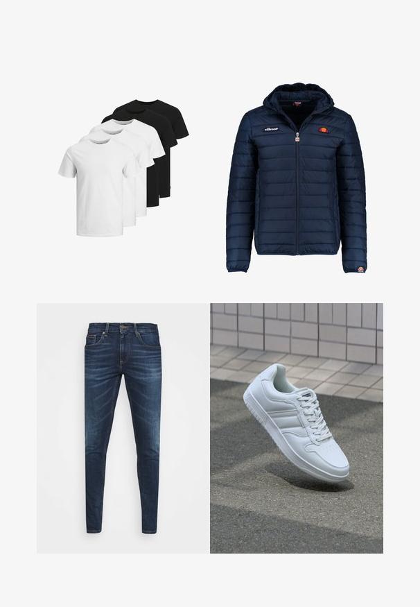 Mørkeblå puffjakke med hætte, lynlåslukning, kanalstyret syning og logo-detaljer på brystet og ærmet. Blødt, struktureret stof.; Pakke med fem bomulds T-shirts i tre farver: to sorte og tre hvide. Klassisk crew neck-design, korte ærmer, glat tekstur.; Mørkeblå denim jeans med slim fit, subtil falming, fem lommer og metalknaplukning. Syede detaljer i kontrastfarve.; Hvide atletiske sneakers med glat læderoverdel, snørelukning foran, perforeret tå og mønstret sål. Minimalistisk design med tre sidelister.