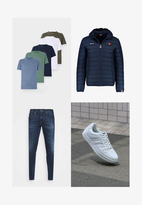 Casaco puffer azul marinho com capuz, fecho de correr, costura em canais e detalhes do logo no peito e na manga. Tecido macio e texturizado.; Cinco t-shirts de decote redondo em várias cores: azul claro, verde, azul-marinho, branco e oliva. Feitas de algodão, com mangas curtas e um logotipo discreto.; Jeans de ganga azul escura com um corte slim, desbotamento suave, cinco bolsos e fecho com botão de metal. Detalhes costurados em cor contrastante.; Sapatilha desportiva branca com parte superior em couro liso, frente com atacadores, bico perfurado e sola padronizada. Design minimalista com três riscas laterais.