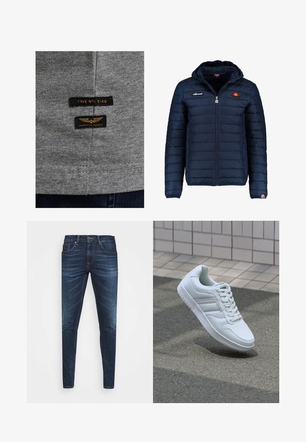 Granatowa kurtka puchowa z kapturem, zapinana na zamek, z przeszyciami w kształcie kanałów oraz akcentami loga na piersi i rękawie. Miękka, teksturowana tkanina.; Szara bawełniana tkanina z dwoma czarnymi metkami. Jedna metka zawiera napis "TYPE N°: C-46", a druga "AMERICAN CLASSIC" z złotą haftem.; Granatowe dżinsy o slim fit, delikatnym wyblaknięciu, pięciu kieszeniach i metalowym zapięciem. Haftowane akcenty w kontrastowym kolorze.; Białe sportowe trampki z gładkiej skóry, z zapięciem na sznurowadła, perforowanym noskiem i wzorzystą podeszwą. Minimalistyczny design z trzema paskami po bokach.