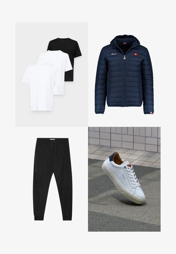 Marineblå puffjakke med hette, glidelås, kanalsøm og logoaksenter på brystet og ermet. Mykt, teksturert stoff.; Tre korte ermer t-skjorter: to hvite og en svart. Laget av bomull, med rund hals og en enkel, klassisk design.; Sorte treningsbukser laget av teksturert stoff, med justerbart liv, glidelåslomme på siden og avsmalnende mansjetter.; Hvit lærsneaker med marineblå hæl, rund tå og kontrasterende brune detaljer. Har flate lisser og teksturert gummisåle.