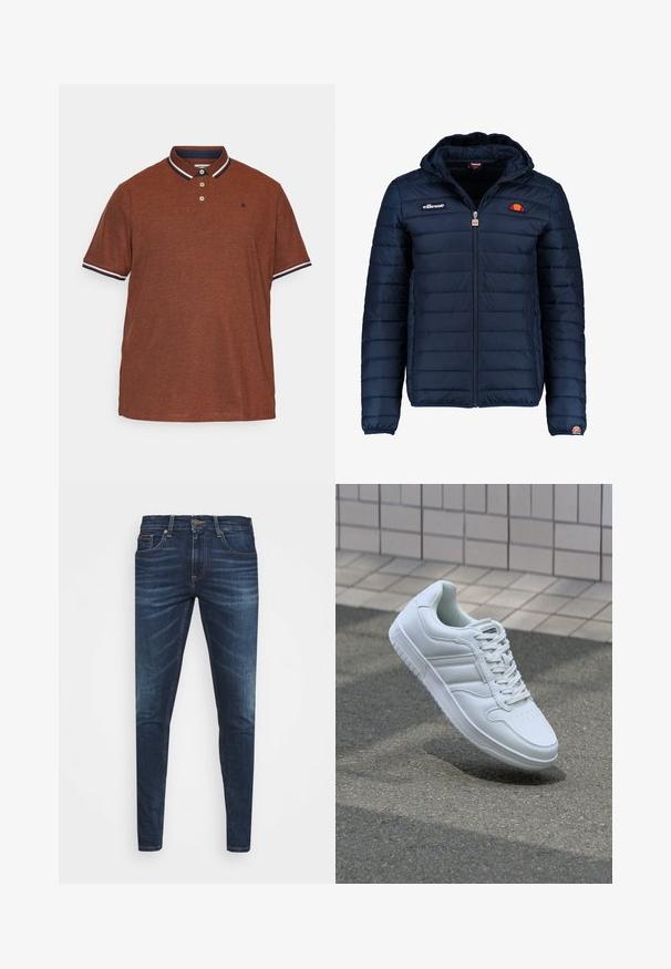 Mornaricnoplava pufasta jakna s kapuljačom, zatvaranje na zip, kanalno šivanje i akcenti s logom na prsima i rukavu. Mekani, teksturirani materijal.; Smeđa polo majica od teksturirane tkanine, sa tamnoplavim ovratnikom s bijelim obrubom, tri gumba i malim logom na prsima.; Tamno plave traperice uskog kroja, s blagim izbljeđivanjem, pet džepova i metalnim zatvaranjem na dugme. Šivani detalji u kontrastnoj boji.; Bijela atletska tenisica s glatkim kožnim gornjim dijelom, vezanjem sprijeda, perforiranim vrhom i uzorkovanim đonom. Minimalistički dizajn s tri bočne pruge.
