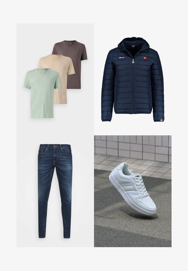 Tumedat sinised puffer jakk kapuutsiga, lukuga suletav, kanalite õmblustega ning logo aktsentidega rinnal ja varrukal. Pehme, tekstuuriga kangas.; Kolm v-kaelusega t-särki muted toonides: roheline, beež ja pruun. Lühikesed varrukad, pehme kangas ja rinnal väike logo.; Tumedat sinised teksad kitsas lõikes, kerge kulumisega, viie taskuga ja metallnööbiga sulgemine. Õmmeldud aktsendid kontrastsetes värvides.; Valge spordijalanõud silederja nahkvarrega, ninast paeltega, perforatsiooni tõttu ventilatsiooniga ning mustrilise tallaga. Minimalistlik disain, millel on kolm külgmist triipu.