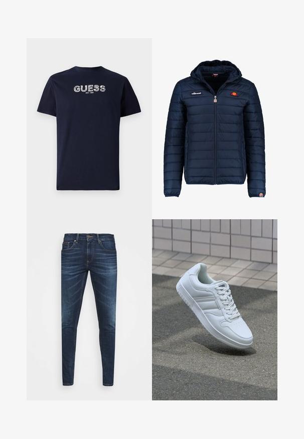 Tamsiai mėlynas pūkinis švarkas su gobtuvu, užtrauktuku, kanalų siuvimu ir logotipo akcentais krūtinėje bei rankovėje. Minkšta, tekstūruota medžiaga.; Jūros mėlynos spalvos medvilninė marškinėliai trumpomis rankovėmis, su žodžiu "GUESS" baltomis stilizuotomis raidėmis ir "EST. 1981" žemiau. Paprastas, kasdieniškas dizainas.; Tamsiai mėlynos džinsinės kelnės su liesu siluetu, subtiliu nusidėvėjimu, penkiomis kišenėmis ir metaliniu mygtuku užsegimui. Įsiūtos akcentai kontrastinga spalva.; Baltos sportinės kedai su lygaus odos viršumi, raišteliais priekyje, perforuotu kojų pirštu ir raštuotu padu. Minimalistinis dizainas su trimis šoninėmis juostelėmis.