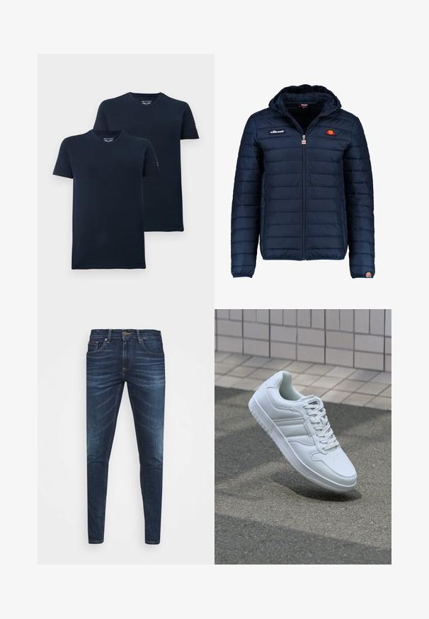 Granatowa kurtka puchowa z kapturem, zapinana na zamek, z przeszyciami w kształcie kanałów oraz akcentami loga na piersi i rękawie. Miękka, teksturowana tkanina.; Granatowe bawełniane t-shirty, krótki rękaw, okrągły dekolt, bez metek, w opakowaniu po dwa, gładka tekstura, minimalne logo na rękawach.; Granatowe dżinsy o slim fit, delikatnym wyblaknięciu, pięciu kieszeniach i metalowym zapięciem. Haftowane akcenty w kontrastowym kolorze.; Białe sportowe trampki z gładkiej skóry, z zapięciem na sznurowadła, perforowanym noskiem i wzorzystą podeszwą. Minimalistyczny design z trzema paskami po bokach.