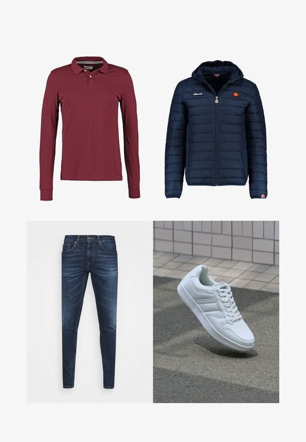 Mørkeblå puffjakke med hætte, lynlåslukning, kanalstyret syning og logo-detaljer på brystet og ærmet. Blødt, struktureret stof.; Langærmet polo skjorte i burgundy med klassisk krave, to-knap lukning og slidser i siden for bedre bevægelse. Glat bomuldsstof.; Mørkeblå denim jeans med slim fit, subtil falming, fem lommer og metalknaplukning. Syede detaljer i kontrastfarve.; Hvide atletiske sneakers med glat læderoverdel, snørelukning foran, perforeret tå og mønstret sål. Minimalistisk design med tre sidelister.