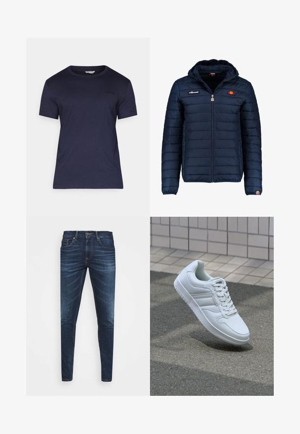 Tummansininen puhvitakki, jossa on huppu, vetoketjukiinnitys, kanavapistoilu ja logoteemaiset yksityiskohdat rinnassa ja hihassa. Pehmeä, teksturoitu kangas.; T-paita, jossa on lyhyet hihat ja syvän sininen väri, pehmeästä kankaasta valmistettu, pyöreä kaula-aukko ja huomaamaton musta "BORG" -logo rinnassa. Omistaa rennon istuvuuden.; Tummansiniset farkut, joissa on slim fit -leikkaus, hienovarainen haalistuma, viisi taskua ja metallinen napitus. Kontrastiväriset ompeleet.; Valkoiset urheilukengät, joissa on sileä nahkapinta, nauhakiinnitys edessä, rei'itetty kärki ja kuvioitu pohja. Minimalistinen muotoilu, jossa on kolme sivuraitaa.