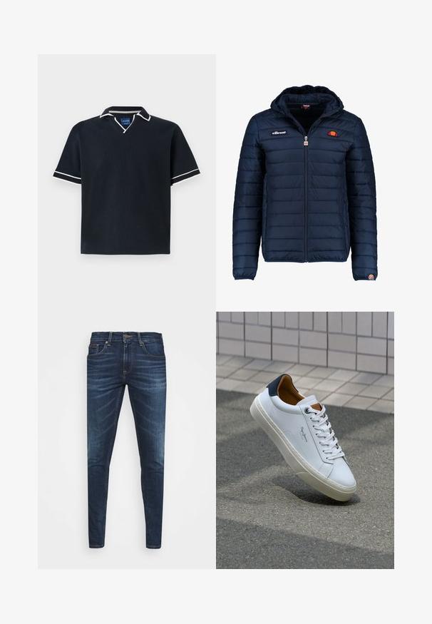 Granatowa kurtka puchowa z kapturem, zapinana na zamek, z przeszyciami w kształcie kanałów oraz akcentami loga na piersi i rękawie. Miękka, teksturowana tkanina.; Granatowa koszulka polo z krótkim rękawem, dekoltem w kształcie V, białymi wykończeniami przy kołnierzyku i rękawach, z fakturowanej tkaniny oraz prostym dołem. Niebieska metka marki wewnątrz.; Granatowe dżinsy o slim fit, delikatnym wyblaknięciu, pięciu kieszeniach i metalowym zapięciem. Haftowane akcenty w kontrastowym kolorze.; Białe skórzane trampki z granatowym piętkiem, okrągłym noskiem i kontrastowymi brązowymi akcentami. Posiadają płaskie sznurówki i teksturowaną gumową podeszwę.