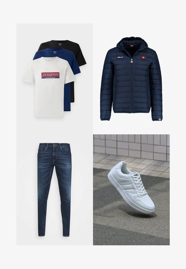 Jachetă puffer de culoare bleumarin, cu glugă, închidere cu fermoar, cusături în canale și detalii cu logo pe piept și pe mânecă. Material moale, texturat.; Trei tricouri cu mânecă scurtă de tip crew neck, stivuite, în alb cu logo roșu și albastru, albastru marin și negru, expuse pe un fundal alb.; Jeans din denim de culoare albastră închisă, cu o croială slim, ușor decolorate, cinci buzunare și închidere cu buton metalic. Detalii cusute în culori contrastante.; Adidași albi pentru sport cu superior din piele netedă, sistem de șireturi în față, vârf perforat și talpă cu model. Design minimalist cu trei dungi laterale.