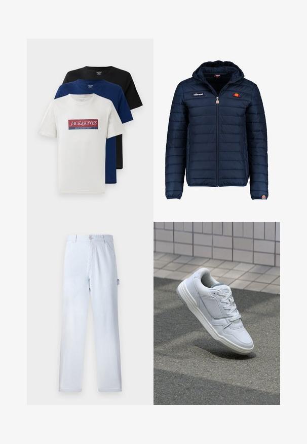 Marineblå puffjakke med hette, glidelås, kanalsøm og logoaksenter på brystet og ermet. Mykt, teksturert stoff.; Tre stablede kortermede t-skjorter med rund hals i hvit med rød og blå logo, marineblå og svart, vist på hvit bakgrunn.; Lyseblå stripete bukser laget av bomull. Rett ben-design, med knappelukking foran og sidelommer. Myk tekstur.; Hvite lær sneakers med perforerte sider, teksturerte detaljer, flate lisser og en kontrasterende grå hæl. Har en lite hevet såle.