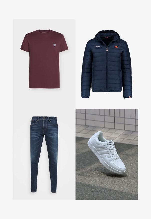 Marineblå puffjakke med hette, glidelås, kanalsøm og logoaksenter på brystet og ermet. Mykt, teksturert stoff.; Burgunderfarget bomulls-T-skjorte med rund hals, korte ermer og en liten hvit skjoldlogo på øvre venstre bryst.; Mørkeblå denimjeans med smal passform, subtil falming, fem lommer og metallknaplukking. Sømmer i kontrastfarge.; Hvit atletisk sneaker med glatt skinnoverside, snøring foran, perforert tå og mønstrets såle. Minimalistisk design med tre side-striper.