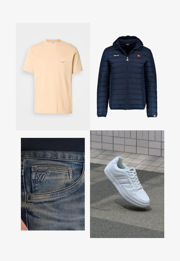 Mornaricnoplava pufasta jakna s kapuljačom, zatvaranje na zip, kanalno šivanje i akcenti s logom na prsima i rukavu. Mekani, teksturirani materijal.; Tijelo boje breskve od pamuka s kratkim rukavima, s malim bijelim grafičkim elementom i tekstom na lijevoj strani grudi. Jednostavan okrugli izrez.; Plave traperice s izblijedjelom teksturom, s džepom za kovanice i crnim logotipom sprijeda. Pojas je od tamno plave rebraste tkanine.; Bijela atletska tenisica s glatkim kožnim gornjim dijelom, vezanjem sprijeda, perforiranim vrhom i uzorkovanim đonom. Minimalistički dizajn s tri bočne pruge.