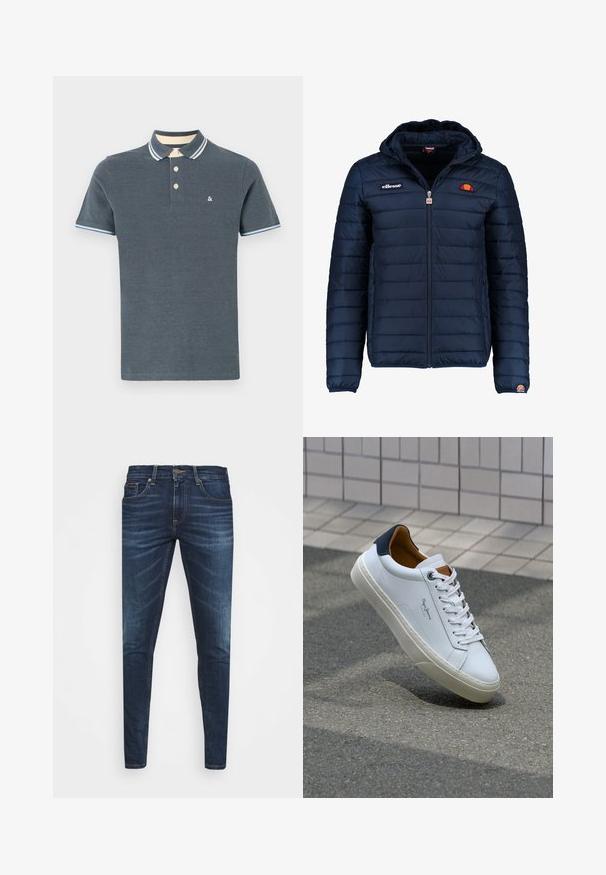 Mørkeblå puffjakke med hætte, lynlåslukning, kanalstyret syning og logo-detaljer på brystet og ærmet. Blødt, struktureret stof.; Mørkeblå polo skjorte i bomuldsstof. Har en ribbet krave med lyseblå og cremefarvede striber, tre-knaps lukning og lille logo.; Mørkeblå denim jeans med slim fit, subtil falming, fem lommer og metalknaplukning. Syede detaljer i kontrastfarve.; Hvide lædersneakers med en marineblå hæl, rund tå og kontrasterende brune detaljer. Har flade snørebånd og en tekstureret gummisål.