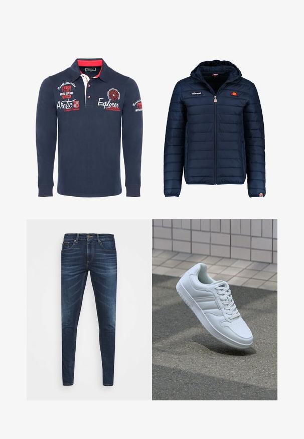 Mørkeblå puffjakke med hætte, lynlåslukning, kanalstyret syning og logo-detaljer på brystet og ærmet. Blødt, struktureret stof.; Marine langærmet polo skjorte lavet af bomuld, med krave, røde detaljer og broderet tekst og grafik på brystet og ærmerne.; Mørkeblå denim jeans med slim fit, subtil falming, fem lommer og metalknaplukning. Syede detaljer i kontrastfarve.; Hvide atletiske sneakers med glat læderoverdel, snørelukning foran, perforeret tå og mønstret sål. Minimalistisk design med tre sidelister.