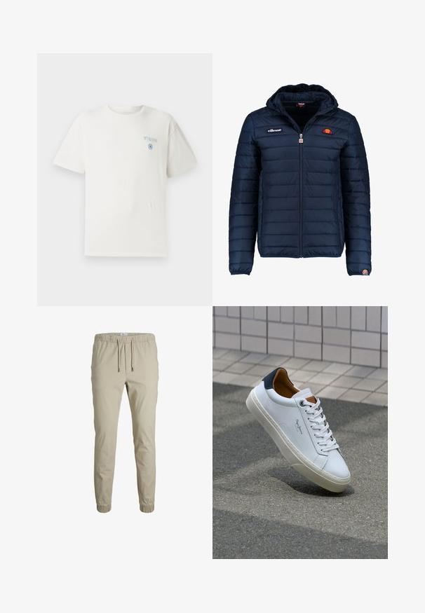 Tums zilā puffer jaka ar kapuci, rāvējslēdzēja aizdare, kanālu šuvēm un logotipa akcentiem uz krūtīm un piedurknēm. Mīksta, teksturēta auduma.; Balts kokvilnas T-krekls ar apaļu kakla izgriezumu, īsām piedurknēm un zilu "MYKONOS" grafiku kreisajā krūtī, kurā ir cilindra dizaina elements.; Bēša krāsas sašaurināti jogger bikses ar elastīgu jostu, aukliņu un potīšu aprocēm, izgatavotas no mīksta auduma. Iezīmējas ar gludu tekstūru un minimālistisku dizainu.; Baltas ādas čības ar tumši zilu papēdi, apaļu purngalu un kontrastējošām brūnām detaļām. Aprīkotas ar plakanu auklu un struktūrētu gumijas zoli.