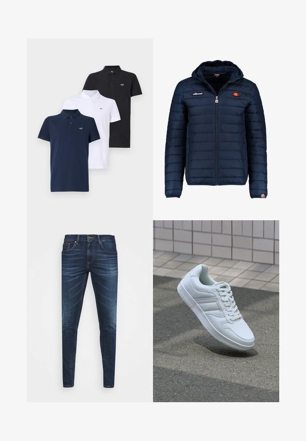 Marineblauwe gewatteerde jas met een capuchon, ritsluiting, kanalenstiksel en logoaccenten op de borst en mouw. Zachte, gestructureerde stof.; Hollister Co. Stretch Polo 3-Pack - Poloshirt - white/navy/black; Donkerblauwe denim jeans met een slim fit, subtiele vervaging, vijf zakken en een metalen knoopsluiting. Gestikte accenten in contrasterende kleur.; Witte sportsneaker met een glad leren bovenwerk, vetersluiting aan de voorkant, geperforeerde neus en een geprofileerde zool. Minimalistisch ontwerp met drie zijstrepen.