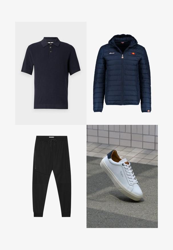 Casaco puffer azul marinho com capuz, fecho de correr, costura em canais e detalhes do logo no peito e na manga. Tecido macio e texturizado.; Polo azul-marinho de mangas curtas com um padrão texturizado, colarinho e fechamento de três botões. A bainha e os punhos canelados melhoram a forma e o ajuste.; Calças de treino pretas feitas de tecido texturizado, com uma cintura ajustável, bolso lateral com fecho e punhos afunilados.; Sapatilha de couro branco com calcanhar azul marinho, bico redondo e detalhes em castanho contrastantes. Apresenta atacadores planos e sola de borracha texturizada.