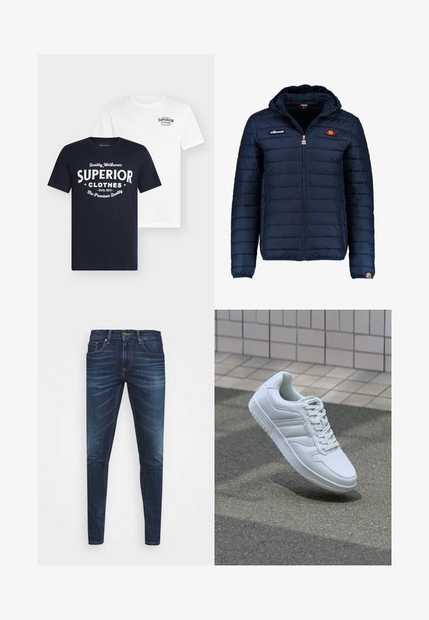 Navy blue puffer jacket with a hood, zip closure, channel stitching, and logo accents on the chest and sleeve. Soft, textured fabric.; Two t-shirts: one navy blue with white graphic text, the other white with black text. Both are crew neck and short-sleeved.; Dark blue denim jeans with a slim fit, subtle fade, five pockets, and a metal button closure. Stitched accents in contrasting color.; White athletic sneaker with smooth leather upper, lace-up front, perforated toe, and patterned sole. Minimalist design with three side stripes.