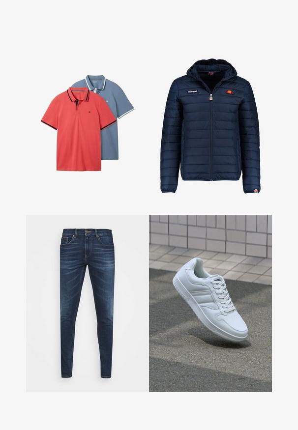 Mørkeblå puffjakke med hætte, lynlåslukning, kanalstyret syning og logo-detaljer på brystet og ærmet. Blødt, struktureret stof.; To polo-shirts: en koralfarvet med mørke detaljer og en lys blå med hvide accenter. Begge har kortærmer og en klassisk krave.; Mørkeblå denim jeans med slim fit, subtil falming, fem lommer og metalknaplukning. Syede detaljer i kontrastfarve.; Hvide atletiske sneakers med glat læderoverdel, snørelukning foran, perforeret tå og mønstret sål. Minimalistisk design med tre sidelister.