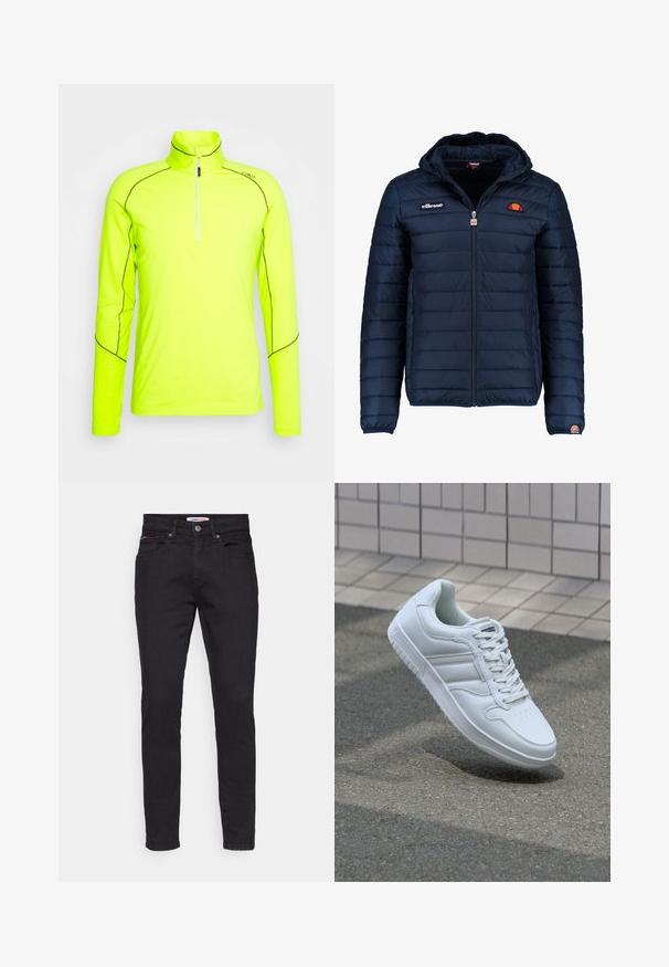 Casaco puffer azul marinho com capuz, fecho de correr, costura em canais e detalhes do logo no peito e na manga. Tecido macio e texturizado.; CMP MAN - Camisola de manga comprida - acido; Jeans de denim pretos com um corte slim, design de cinco bolsos e subtis acentos em vermelho e branco no bolso da frente.; Sapatilha desportiva branca com parte superior em couro liso, frente com atacadores, bico perfurado e sola padronizada. Design minimalista com três riscas laterais.