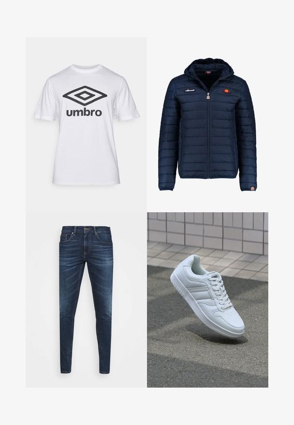 Temno modra napihnjena jakna s kapuco, z zadrgo, kanalnim šivom in logotipom na prsih in rokavu. Mehka, teksturirana tkanina.; Bela bomba iz bombaža z velikim črnim logotipom "Umbro" in grafiko diamanta na sprednji strani. Kratke rokave, okrogel izrez, klasičen kroj.; Temno modri kavbojke ozkega kroja, s subtilnim bledenjem, petimi žepi in kovinskim zapiranjem na gumb. Oštrikanje z akcenti v kontrastni barvi.; Bela atletska teniska obutev z gladkim usnjenim zgornjim delom, vezanjem spredaj, perforiranim prstom in vzorčastim podplatom. Minimalistična zasnova s tremi stranskimi črtami.