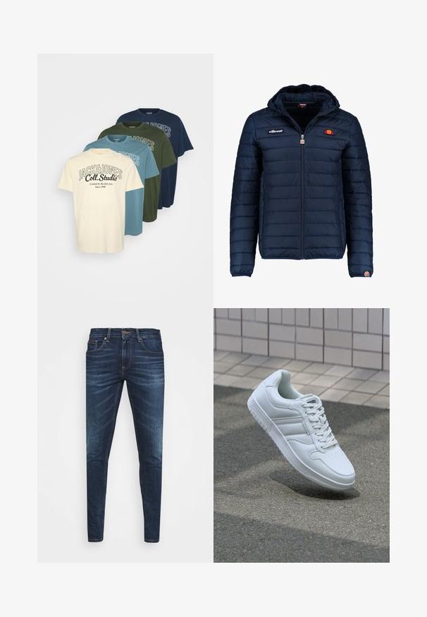 Marineblå puffjakke med hette, glidelås, kanalsøm og logoaksenter på brystet og ermet. Mykt, teksturert stoff.; Sett med fire kortermede t-skjorter i beige, blå, grønn og marineblå, hver med et logotrykk i en kontrastfarge. Laget av bomull.; Mørkeblå denimjeans med smal passform, subtil falming, fem lommer og metallknaplukking. Sømmer i kontrastfarge.; Hvit atletisk sneaker med glatt skinnoverside, snøring foran, perforert tå og mønstrets såle. Minimalistisk design med tre side-striper.