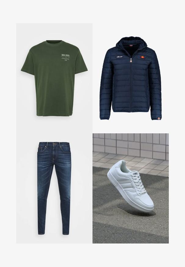 Dunkelblaue Daunenjacke mit Kapuze, Reißverschluss, Kastensteppnähten und Logo-Akzenten auf der Brust und dem Ärmel. Weicher, strukturierter Stoff.; Grüne Baumwoll-T-Shirt mit Rundhalsausschnitt, kurzen Ärmeln und weißem Drucktext auf der oberen linken Seite. Glatte Textur, lockere Passform.; Dunkelblaue Jeans im Slim Fit mit subtiler Verwaschung, fünf Taschen und einem Metallknopfverschluss. Genähte Akzente in kontrastierender Farbe.; Weiße sportliche Sneaker mit Obermaterial aus glattem Leder, Schnürfront, durchlöchtem Zehenbereich und gemusterter Sohle. Minimalistisches Design mit drei Seitenstreifen.