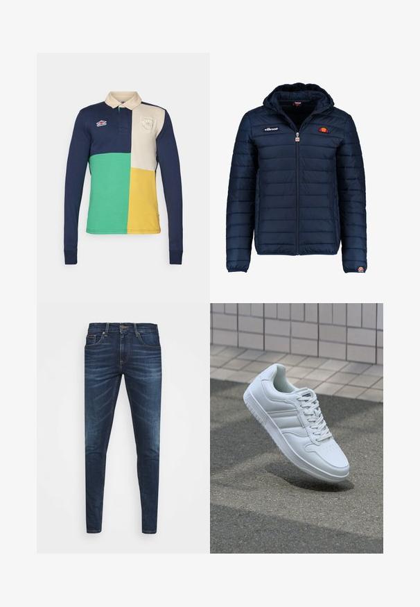 Marineblå puffjakke med hette, glidelås, kanalsøm og logoaksenter på brystet og ermet. Mykt, teksturert stoff.; Umbro Poloskjorter - dark navy/multi-colour; Mørkeblå denimjeans med smal passform, subtil falming, fem lommer og metallknaplukking. Sømmer i kontrastfarge.; Hvit atletisk sneaker med glatt skinnoverside, snøring foran, perforert tå og mønstrets såle. Minimalistisk design med tre side-striper.