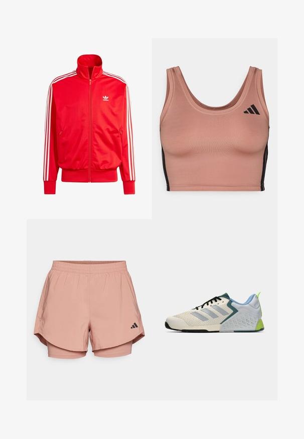 Rdeča Adidas jakna na zadrgo z visokim ovratnikom, belimi črtami na rameni, dvema stranskima žepe in majhnim belim logotipom na levi prsni strani. Gladka tekstura.; Športni modrček v mehkem rožnato-pink barvi z okroglim izrezom, črnimi stranskimi črtami in subtilnimi logotipnimi detajli. Prilocno prileganje z gladko teksturo.; Roza športna kratka hlače z elastiko v pasu, plastična zasnova, stranske žepe in črni Adidasov logotip na spodnji desni strani.; Lahki atletski čevlji z zgornjim delom iz kremaste mreže, sivimi črtami, zelenim poudarkom in teksturiranim modrim petnim delom. Črni vezalke.