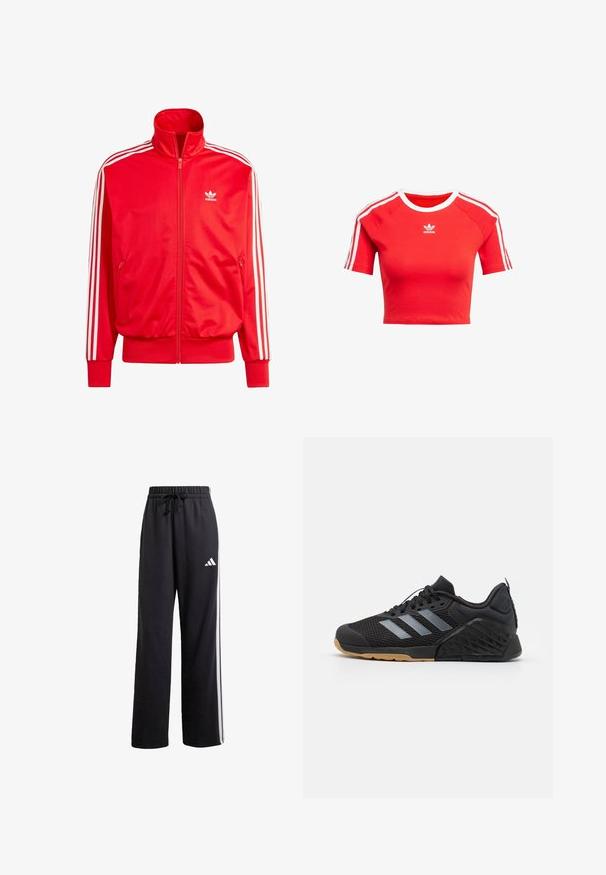 Giacca rossa Adidas con zip e colletto alto, strisce bianche sulle spalle, due tasche laterali e un piccolo logo bianco sul petto sinistro. Tessuto liscio.; T-shirt rossa corta in cotone, con maniche corte rimarcate da strisce bianche e colletto bianco, presenta il logo Adidas in bianco sul davanti.; Pantaloni da sudore neri con vita regolabile, strisce laterali bianche e un piccolo logo bianco sulla gamba sinistra. Realizzati in tessuto morbido per il massimo comfort.; Scarpa sportiva nera con tomaia in rete, design a tre strisce grigie, suola in gomma e dettagli testurizzati sul tallone e sul lato.