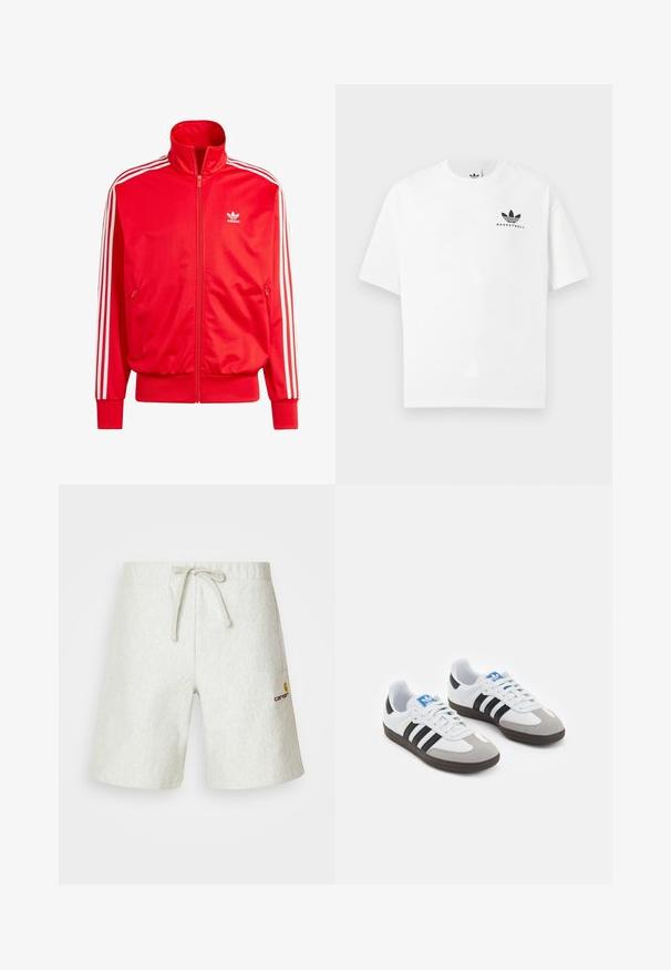 Red Adidas zip-up jacket with high collar, white shoulder stripes, two side pockets, and a small white logo on the left chest. Smooth texture.; White cotton t-shirt with short sleeves, featuring a black "BASKETBALL" logo and iconic three-stripe design on the front.; Light gray shorts made of a textured material. Features an adjustable drawstring waistband and a small logo on the left side.; Sport shoes with a white leather upper, gray suede toe, and three black stripes. Features a blue logo on the tongue and a textured rubber sole.