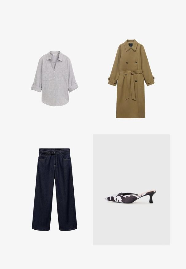 Pitkä kamelinvärinen trench-coat, jossa on leveä kauluspanta, tuplapainikkeet, vyötärölle sidottu vyö ja nappikärjet, esitelty valkoista taustaa vasten.; Vaaleanharmaa nappikauluspaita, jossa on ruudullinen kuvio, kaksi rintataskua ja käärityt hihat. Valmistettu teksturoidusta kankaasta.; Tummansiniset leveälahkeiset farkut, jotka on valmistettu denimistä. Ominaisuuksiin kuuluu vyötärönauha, jossa on vyölenkki ja useita nappeja, etupockets ja siisti viimeistely helmassa.; Korkokenkä, jossa on terävä kärki ja kantapää, mustavalkoisessa lehmäkuosisessa muotoilussa. Kangaspinta, jossa on teksturoitu pinta ja ohut musta korko.