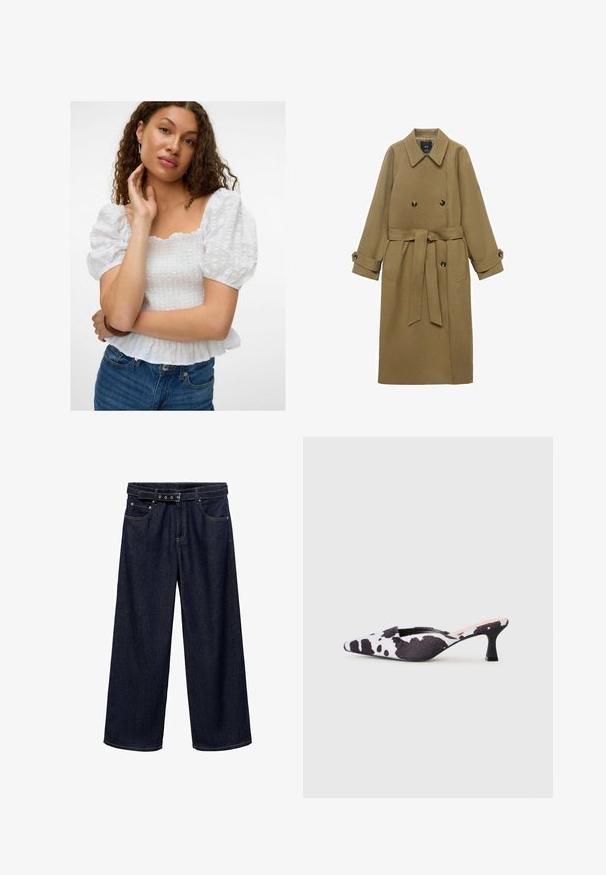Lange kameelkleurige trenchcoat met brede reverskraag, dubbele knopen, ceintuur in de taille en knoopmanchetten, weergegeven op een witte achtergrond.; Witte blouse met pofmouwen en vierkante halslijn, met een gestructureerd lijfje en een gerimpelde zoom. Gepaard met hoge taille spijkerbroek.; Donkerblauwe wijde jeans van denim. Voorzien van een ceintuurband met meerdere knopen, voorkruiszakken en een nette afwerking aan de zoom.; Puntige slingbackhakken in zwart-wit koeienprintdesign. Bovenwerk van stof met een gestructureerde afwerking en een slanke zwarte hak.