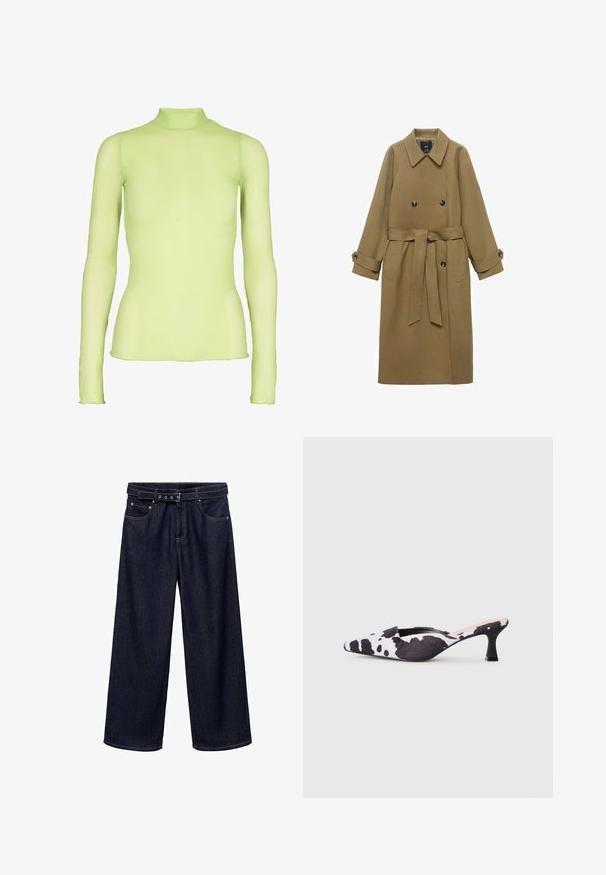 Dugi kamel kaput s širokim reverima, dvostrukim kopčanjem, strukom s remenom i manžetama na gumb, prikazan na bijeloj podlozi.; Dugi rukav u svijetlozelenoj boji, izrađen od prozirnog materijala s visokim vratom. Ima prilagođeni oblik i blago raširene manžete na zapešćima.; Dva topa bez rukava u crnoj i bijeloj boji. Izrađeni od mekog materijala, s tankim trakama i kontrastnim obrubom duž izreza i otvora za ruke.; Tamno plave široke traperice od denima. Imaju pojas s remenom i više dugmadi, prednje džepove i uredan završetak na nogavicama.; Cipele sa otvorenom petom i šiljastim vrhom u crno-bijelom uzorku kravlje kože. Gornjište od tkanine sa teksturiranim završetkom i uska crna potpetica.