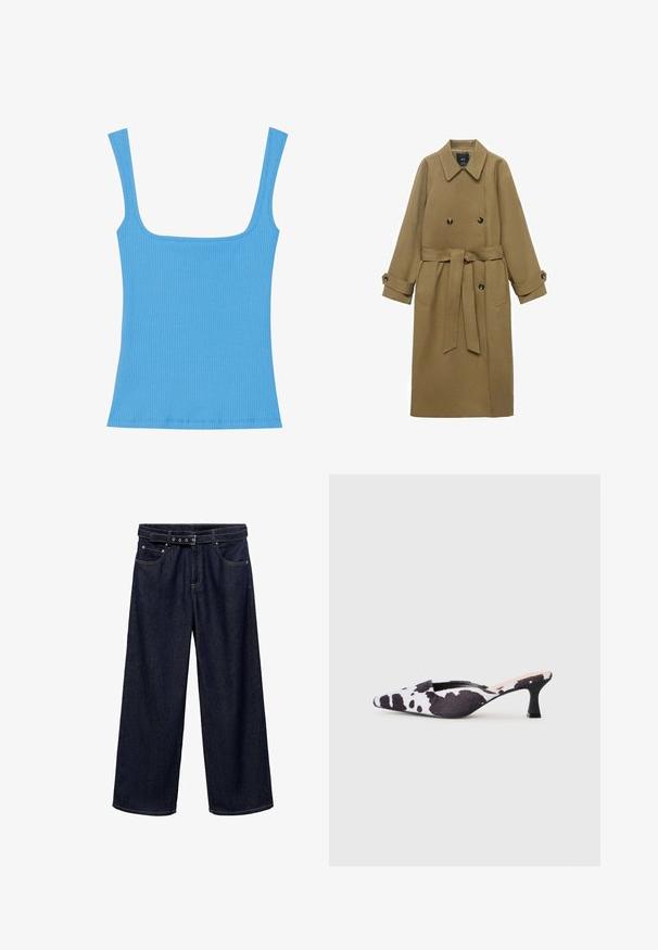 Trench coat largo de camello con amplios solapas, botones de doble botonadura, cintura ceñida con cinturón y puños abotonados, exhibido sobre fondo blanco.; Top de tirantes azul con cuello cuadrado amplio, diseño sin mangas y silueta ajustada. Textura suave con bordes cosidos de manera ordenada.; Vaqueros de pierna ancha de color azul oscuro, hechos de denim. Cuentan con una cinturilla con cinturón que incluye múltiples botones, bolsillos frontales y un acabado limpio en los dobladillos.; Tacones slingback de punta afilada en diseño de estampado de vaca en blanco y negro. Parte superior de tela con un acabado texturizado y un tacón negro delgado.