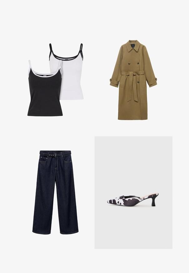 Dolga kamelja trench jakna z širokim ovratnikom, dvorednim gumbom, pasom in gumbnimi manšetami, prikazana na belem ozadju.; Dve kamizole v črni in beli barvi. Narejene iz mehke tkanine, z ozkimi naramnicami in kontrastnim robom ob izrezu in armhole.; Temno modri široki traper hlače. Imajo pas z zaponko in več gumbi, sprednja žepa ter čisto obdelane robove.; Špičaste slingback pete v črno-beli kravji vzorec. Zgornji del iz tkanine z teksturirano površino in tanek črn pet.