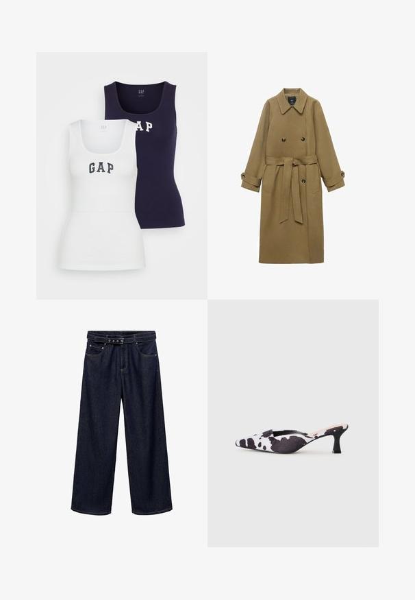 Dlouhý velbloudí trenčkot s širokým klopovým límcem, dvouřadovým zapínáním, páskem v oblasti pasu a manžetami na knoflíky, vystavený na bílém pozadí.; Dvě tílka v bílé a námořnické modři, s ribovanou texturou, výstřihem do kulata a nápisem "GAP" vytištěným v kontrastních barvách na přední straně.; Tmavě modré široké džíny vyrobené z denimu. Mají pás s opaskem a několika knoflíky, přední kapsy a čistý lem na spodním okraji.; Sandalové lodičky s špičatou špičkou a zúženým páskem v černobílem vzoru kravské kůže. Textilní svršek s texturovaným povrchem a štíhlým černým podpatkem.